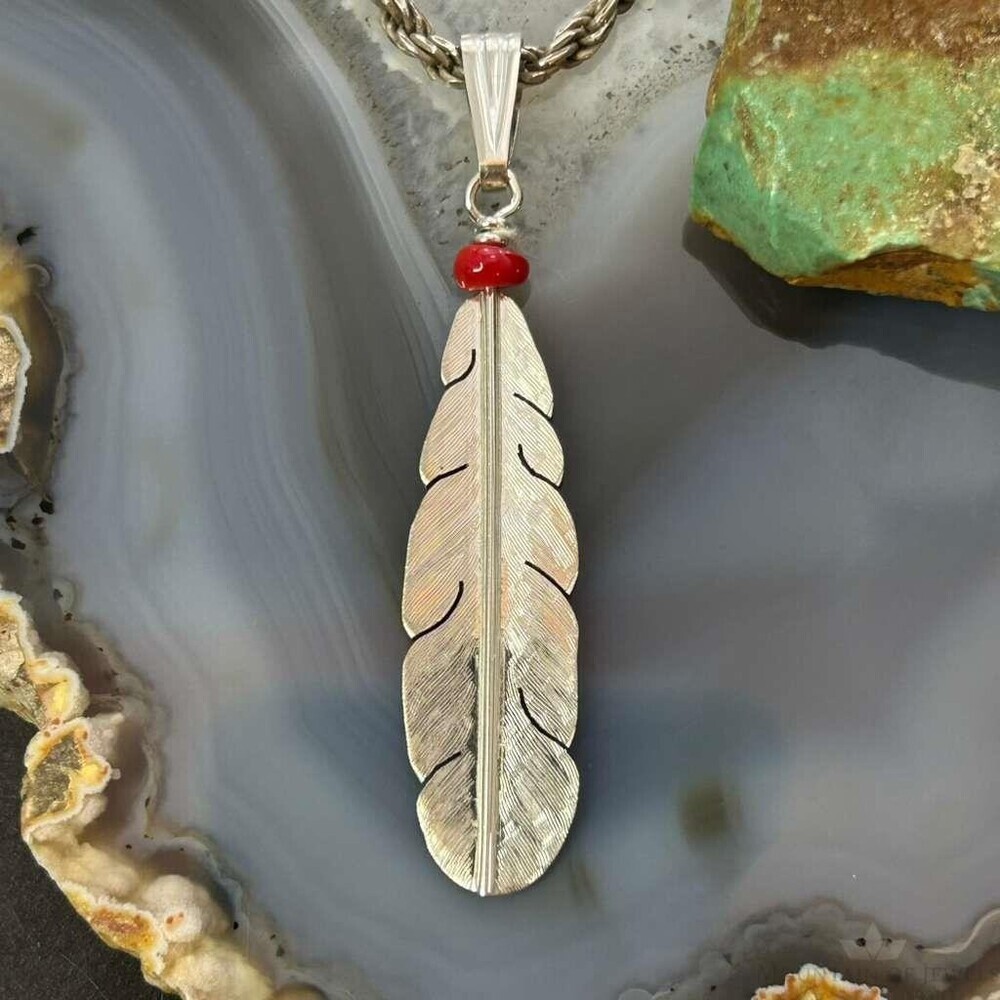 Anthony Gatewood Sterling Silver Coral Beads Feather Pendant For Women
